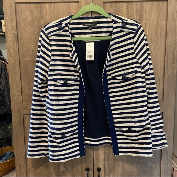 NWT Banana Republic Jacket Blazer Blue White Stripes Sequins Size 6 - Picture 1 of 14